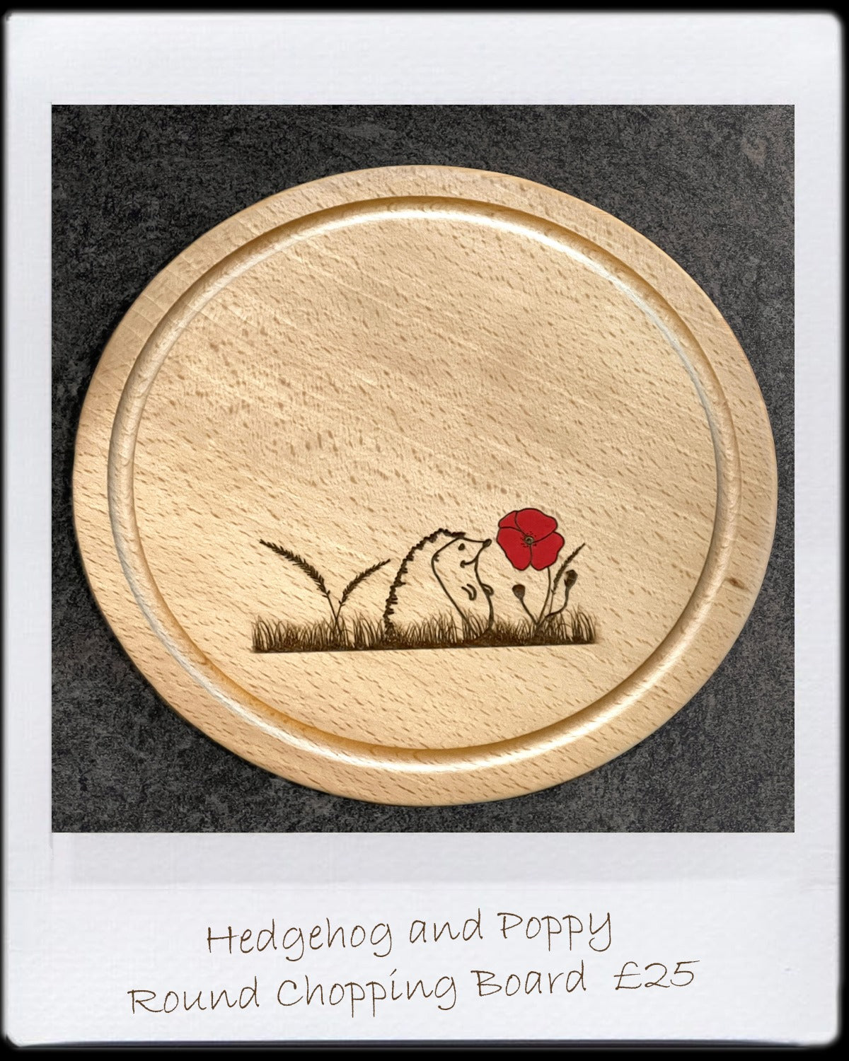 Round Chopping Board - Hedgehog & Red Poppy Design with Grooved Edge (25 dia.x1.7 thick)