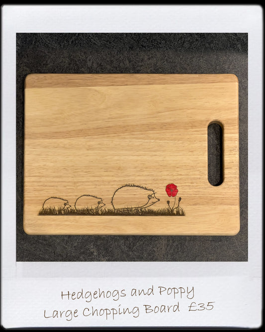 Large Chopping Board - 3 Hedgehogs & Red Poppy Design (35x25x1.5cm)